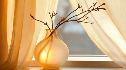 Soft light bathes a frosted glass vase with branches on a windowsill