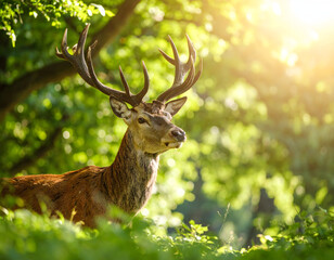 Majestic Deer in Lush Forest with Antlers, Serene Nature with Dappled Sunlight
