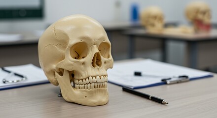 Anatomical Skull Model on Desk with Medical Documents