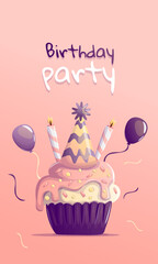 Cute Birthday Cupcake Greeting Cards with Party Elements. Set of cartoon-style birthday greeting cards featuring decorated cupcakes, party hats, candles, balloons, and festive confetti.
