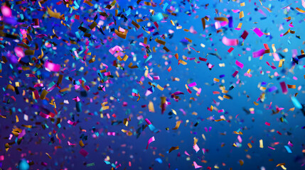 A festive and colorful party with flying neon confetti on a blue background