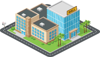 Isometric mall building concept for urban planning and architectural design