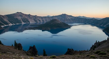 Huge Lake with Small Hill in the Middle Surrounded by Mountain Environment