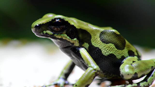 Vibrant Green and Black Poison Dart Frog Portrait in Detail