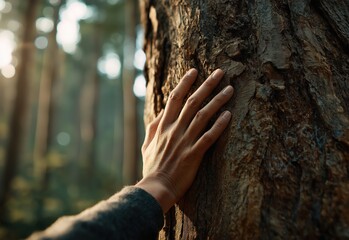 A hand gently touches the bark of a tree, surrounded by a serene forest atmosphere with soft sunlight filtering through the trees.