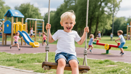 Smiling blonde boy swinging on wooden swing in playground with other children playing in background on sunny day