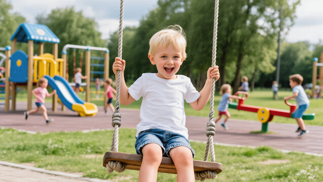 Smiling blonde boy swinging on wooden swing in playground with other children playing in background on sunny day