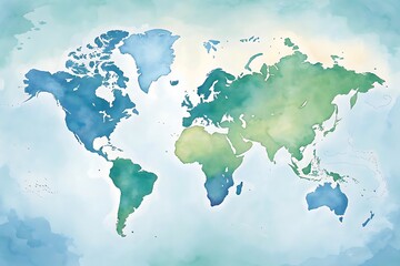 Watercolor world map art with blue and green hues