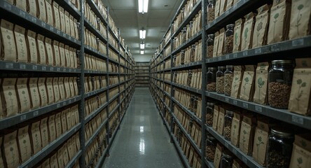 A long aisle with shelves filled with brown paper bags and glass jars in a storage or archive room