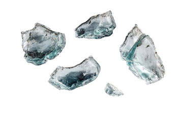 Obraz premium Scattered, translucent, icy rocks. A cluster of irregular, crystalline shapes, varying in size and hue, against a black backdrop. Soft, light teal-gray color gradations
