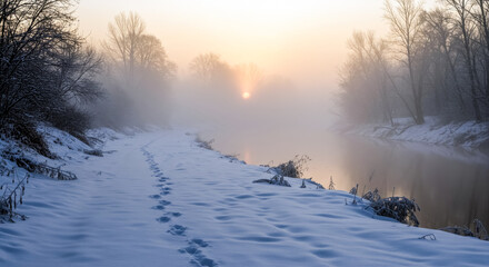 - Sunset Over Frozen Trail &ndash; Misty Water and Snow-Covered Trees
