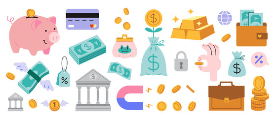 Set of financial and money symbols like piggy bank, investment portfolio, wallet, bank card, gold, banknotes and coins. Trendy modern vector illustration isolated on white, hand drawn, flat design