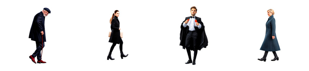 Four fashionable people dressed in black outfits stroll in a line