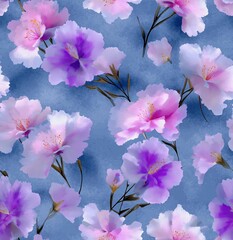 A vibrant floral pattern featuring delicate pink and purple flowers against a soothing blue background, creating a harmonious and elegant design.