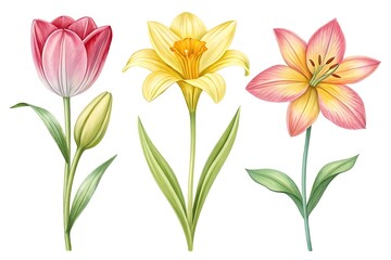 Naklejka premium Watercolor painting of three spring flowers including a tulip daffodil and lily