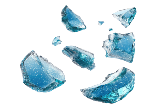 Scattered shards of translucent, light-blue ice