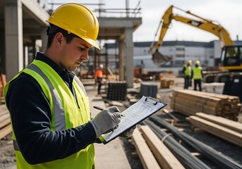 Construction Site Manager Inspecting Progress on a Clipboard
