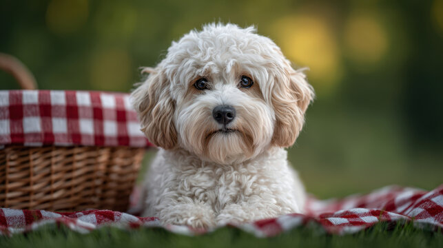 Cute sad dog portrait for international dog day at summer picnic in park. pet sits on checkered blanket next to wicker basket
