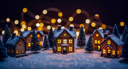 Fototapeta premium Miniature Mushroom Village – Illuminated Fairy Houses with Night Sky Backdrop