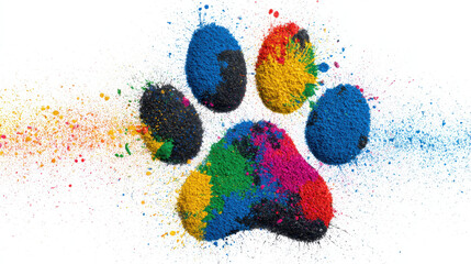 Vibrant colorful powder paw print joyful dog symbol for international dog day celebration. Creative abstract design on white background
