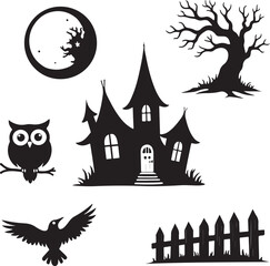 Spooky Halloween icons: haunted house, owl, moon, crow, tree
