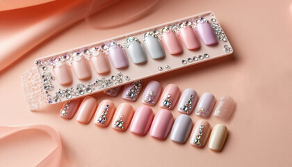 Soft pastel press-on nails with delicate crystals on a romantic pink background - perfect for nail art inspiration and beauty content.