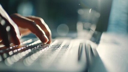 Slow motion shot, cinematic close-up of hands typing on sleek laptop keyboard - Powered by Adobe