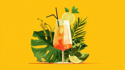 Refreshing tropical cocktail with citrus and leaves on a bright yellow background