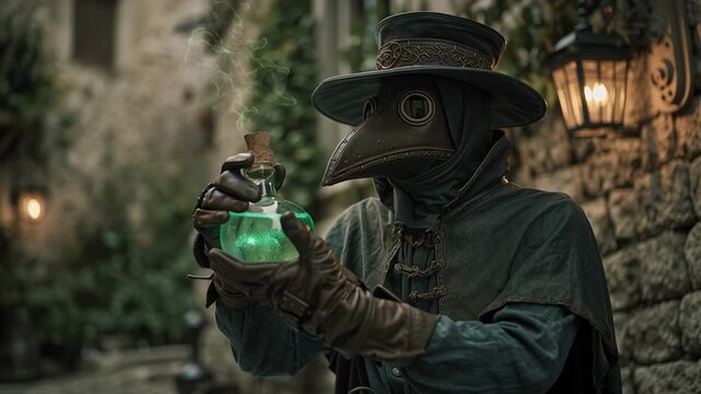 4k video of a plague doctor holding a green potion.