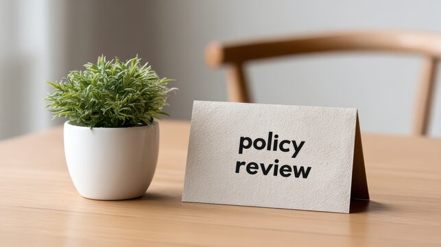 Gig worker insurance concept. Desk setup featuring a plant and a sign about policy review.