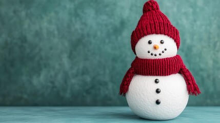 A cheerful snowman, dressed in a red knitted hat and scarf, stands against a turquoise background, This image is perfect for winter-themed marketing, holiday greeting cards, or festive decor,