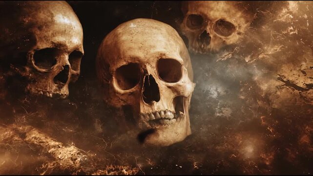 Three human skulls with detailed bone texture surrounded by smoky, dark, eerie atmosphere creating mysterious, haunting horror skeleton scene with ancient, fiery tones evoking sense of decay