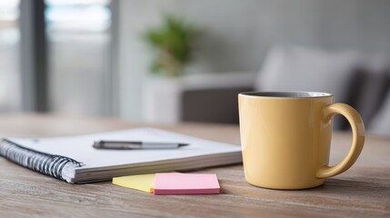 Gig worker insurance concept. Cozy workspace with a yellow mug, notepad, pen, and sticky notes on a wooden table.