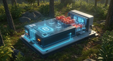 Futuristic laboratory in a forest with glowing interface and tomato samples