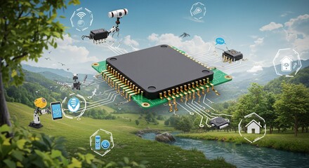 Futuristic Technology Landscape: Microchip, Robots, and Smart Home Icons over a Serene River Scene