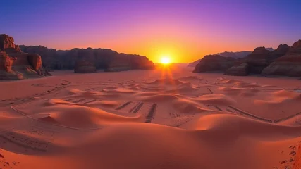 Fototapete Bordeaux A breathtaking sunset casts a vibrant glow over rolling sand dunes and majestic desert mountains creating a stunning landscape panorama.  ©  Frames of Reference