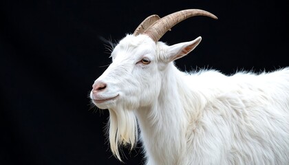 Majestic White Goat with Impressive Horns and Long Beard Against Black Background