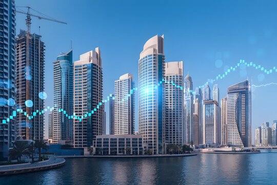 Dubai Marina Financial Skyline with Digital Investment Graph Overlay – AI generated