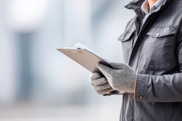 Gig worker insurance concept. Man in gloves holding a tablet outdoors in a stylish winter jacket.