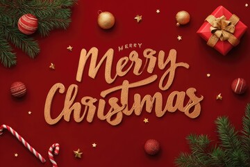 Christmas greetings  background design. Merry christmas greeting text in red background with gift box, spruce, xmas balls, gold stars and candy cane for holiday season