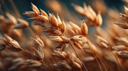 Golden Wheat Spire Majesty: Macro Textured Grain Cluster in Sunlit Blur with Ambient Glow for Organic Cereal Packaging, Farm-to-Table Brand Campaigns