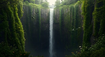 Massive Waterfall Plunging into Deep Sinkhole &ndash; Epic Nature Landscape Scene

