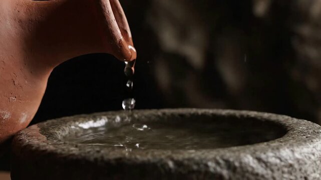 Captivating close-up of a single water droplet falling from an ancient clay jug into a textured bowl, evoking purity and tradition.
