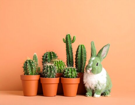Cute Rabbite opposite cactus with orange wall