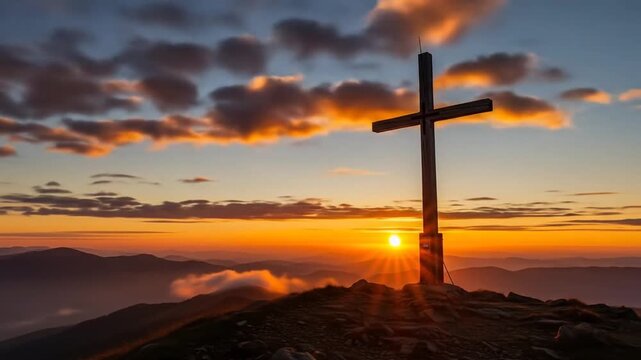 Silhouette of a large wooden cross on mountaintop, sunrise in background illuminating clouds with golden light, slow panning shot.