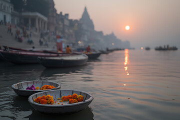 Varanasi Sunrise: Boats on the Ganges River with offerings, creating a serene & spiritual riverside scene.