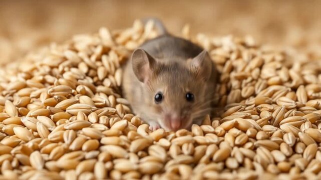 Curious mouse peeks from pile of golden wheat grains, suggesting abundance and natural foraging