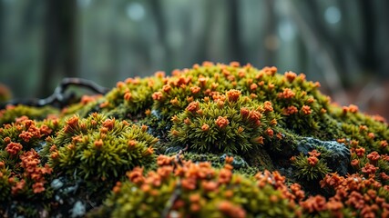 A vibrant patch of bright orange cup fungi thrives amidst lush green moss on a forest floor.
