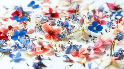 Fototapeta premium Blue, pink, and white flower collage over abstract white background.