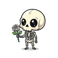  cute cartoon skeleton with large eyes and rosy cheeks holds a white rose, standing sweetly on a plain background in a chibi-style illustration.